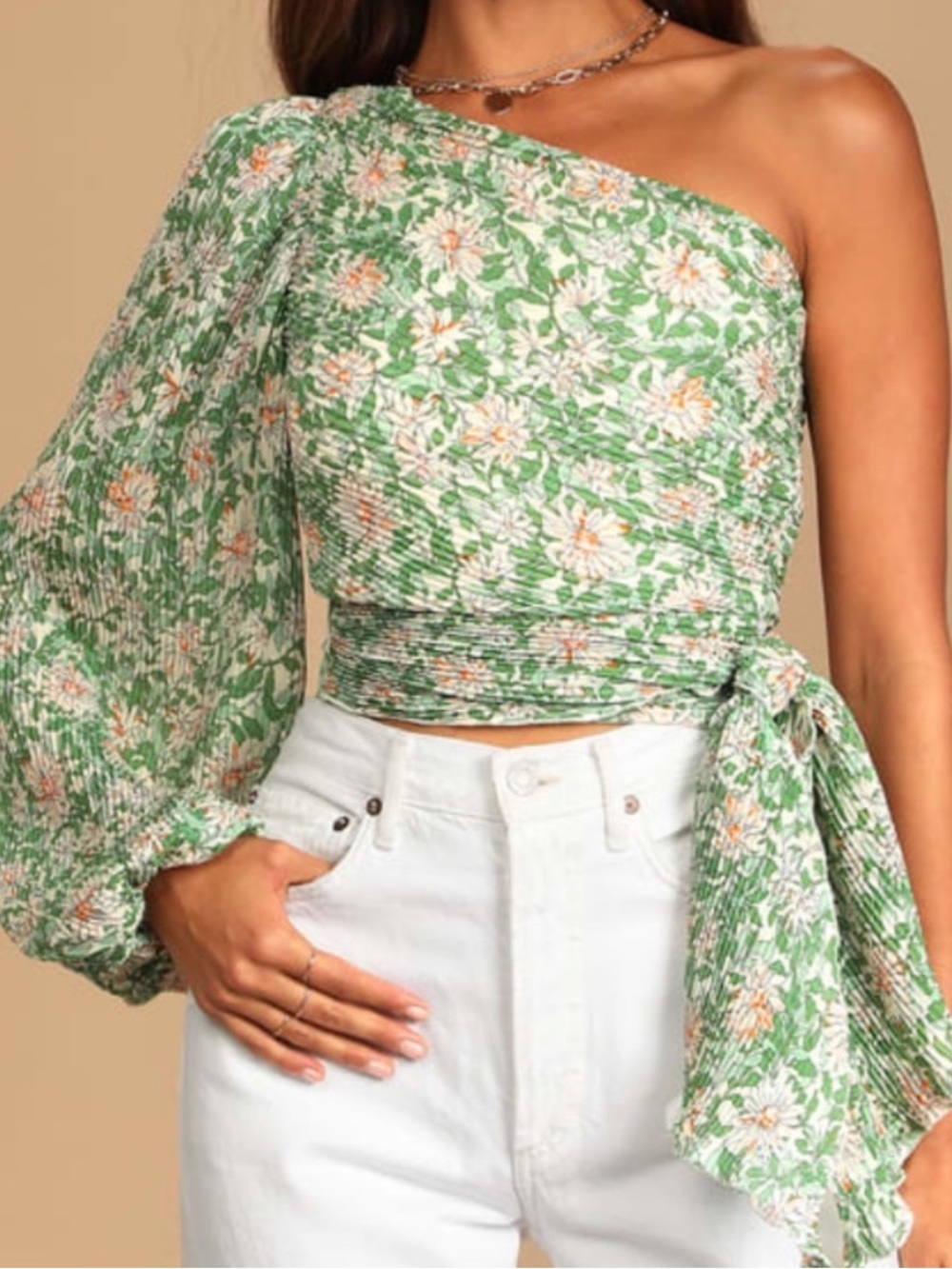 Lulu's Green Floral One-Shoulder Tie-Wrap Top